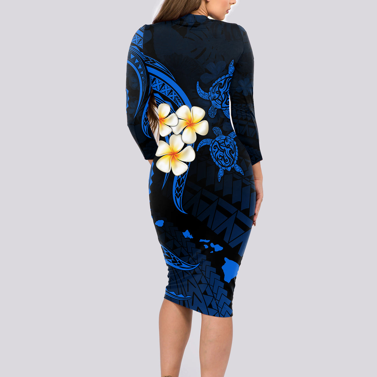 Hawaii Long Sleeve Bodycon Dress Molokai Islands Polynesian Sunset Plumeria Blue Vibe - Wonder Print Shop