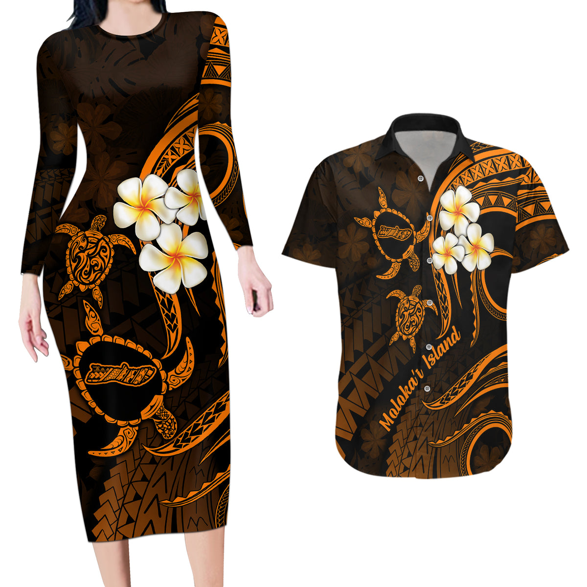 Hawaii Couples Long Sleeve Bodycon Dress and Hawaiian Shirt Molokai Islands Polynesian Sunset Plumeria Gold Vibe LT9 - Wonder Print Shop