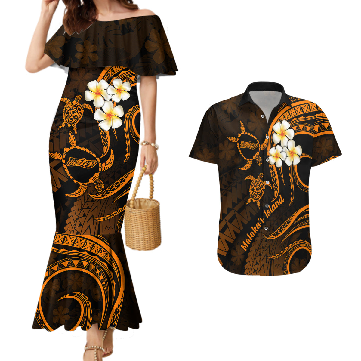 Hawaii Couples Mermaid Dress And Hawaiian Shirt Molokai Islands Polynesian Sunset Plumeria Gold Vibe LT9 - Wonder Print Shop