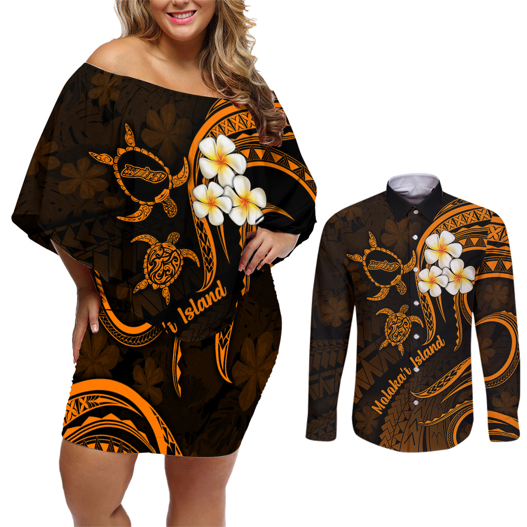 Hawaii Couples Off Shoulder Short Dress and Long Sleeve Button Shirts Molokai Islands Polynesian Sunset Plumeria Gold Vibe LT9 - Wonder Print Shop