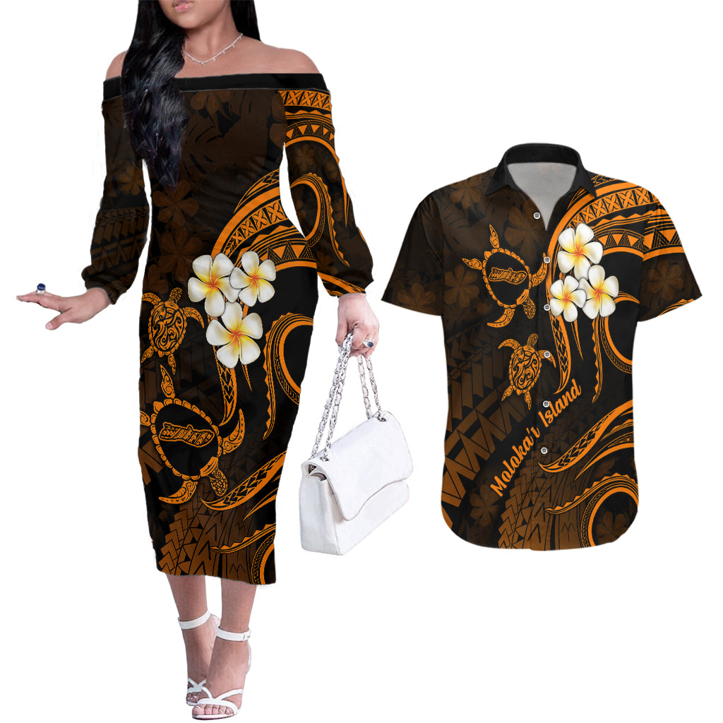 Hawaii Couples Off The Shoulder Long Sleeve Dress and Hawaiian Shirt Molokai Islands Polynesian Sunset Plumeria Gold Vibe LT9 - Wonder Print Shop