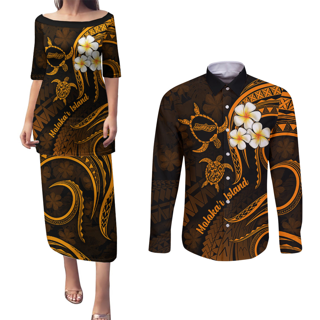 Hawaii Couples Puletasi Dress and Long Sleeve Button Shirts Molokai Islands Polynesian Sunset Plumeria Gold Vibe LT9 - Wonder Print Shop