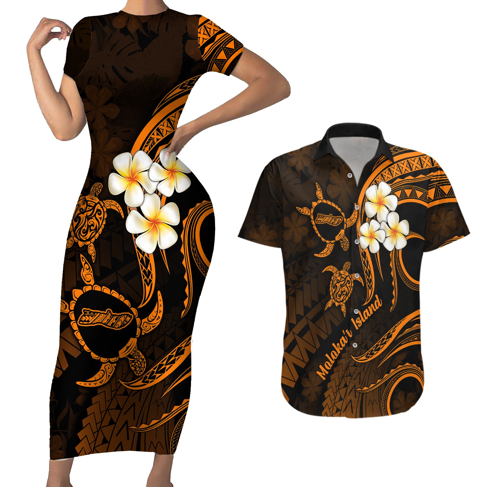Hawaii Couples Short Sleeve Bodycon Dress and Hawaiian Shirt Molokai Islands Polynesian Sunset Plumeria Gold Vibe LT9 - Wonder Print Shop
