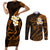 Hawaii Couples Short Sleeve Bodycon Dress and Long Sleeve Button Shirts Molokai Islands Polynesian Sunset Plumeria Gold Vibe LT9 - Wonder Print Shop