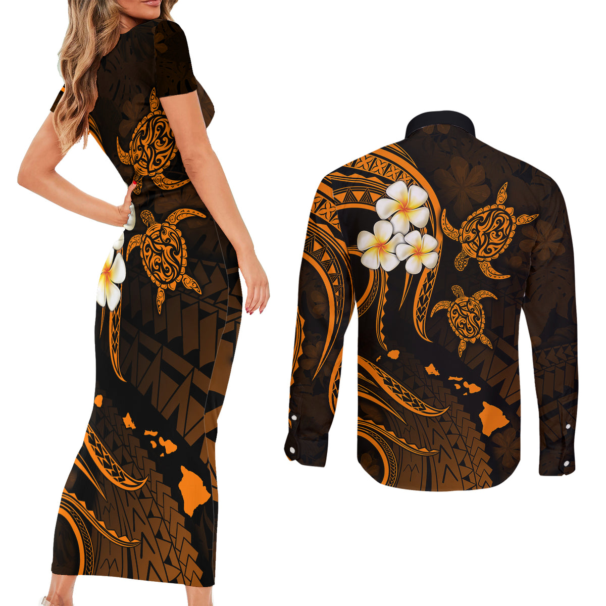 Hawaii Couples Short Sleeve Bodycon Dress and Long Sleeve Button Shirts Molokai Islands Polynesian Sunset Plumeria Gold Vibe LT9 - Wonder Print Shop