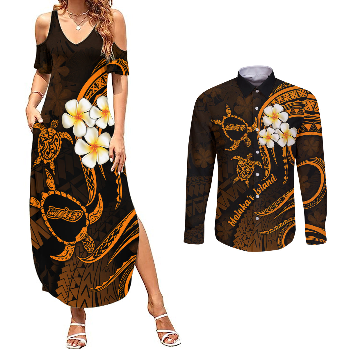 Hawaii Couples Summer Maxi Dress and Long Sleeve Button Shirts Molokai Islands Polynesian Sunset Plumeria Gold Vibe LT9 - Wonder Print Shop