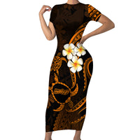 Hawaii Short Sleeve Bodycon Dress Molokai Islands Polynesian Sunset Plumeria Gold Vibe - Wonder Print Shop