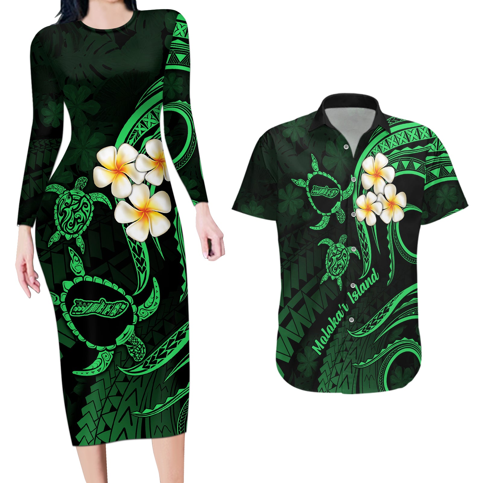 Hawaii Couples Long Sleeve Bodycon Dress and Hawaiian Shirt Molokai Islands Polynesian Sunset Plumeria Green Vibe LT9 - Wonder Print Shop