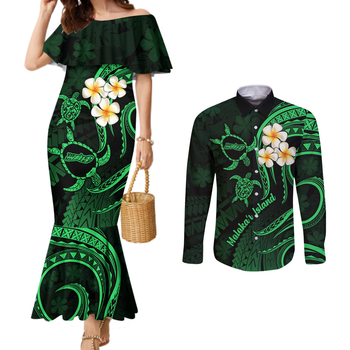 hawaii-couples-mermaid-dress-and-long-sleeve-button-shirts-molokai-islands-polynesian-sunset-plumeria-green-vibe
