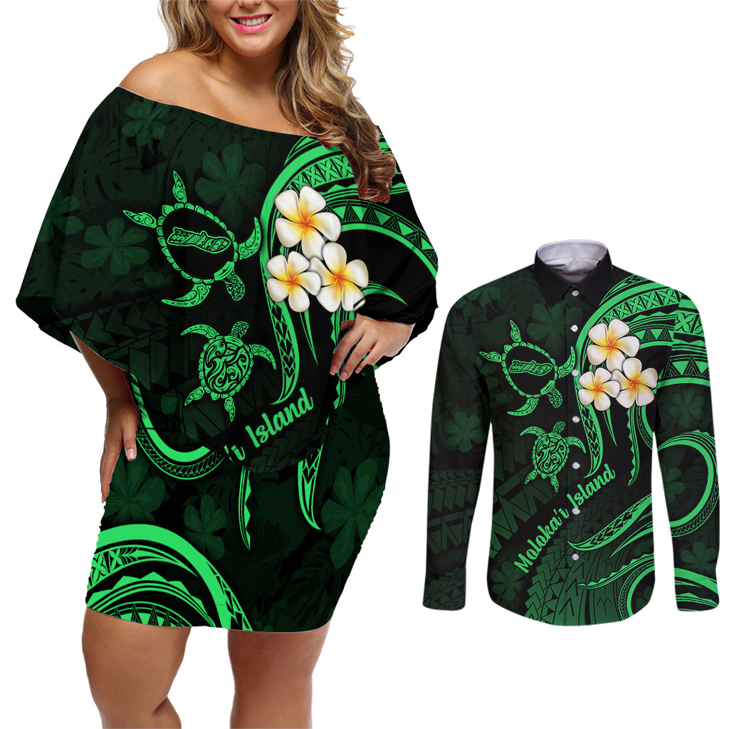 Hawaii Couples Off Shoulder Short Dress and Long Sleeve Button Shirts Molokai Islands Polynesian Sunset Plumeria Green Vibe LT9 - Wonder Print Shop