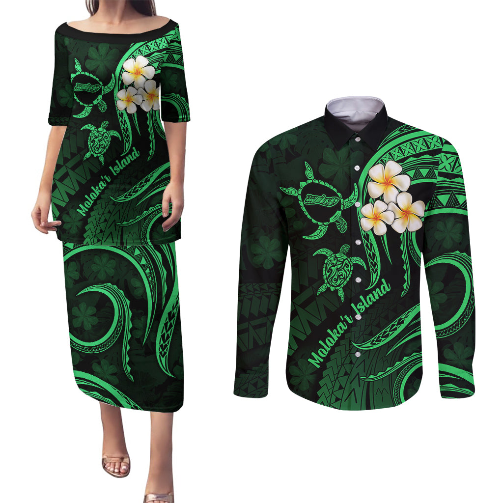 Hawaii Couples Puletasi Dress and Long Sleeve Button Shirts Molokai Islands Polynesian Sunset Plumeria Green Vibe LT9 - Wonder Print Shop