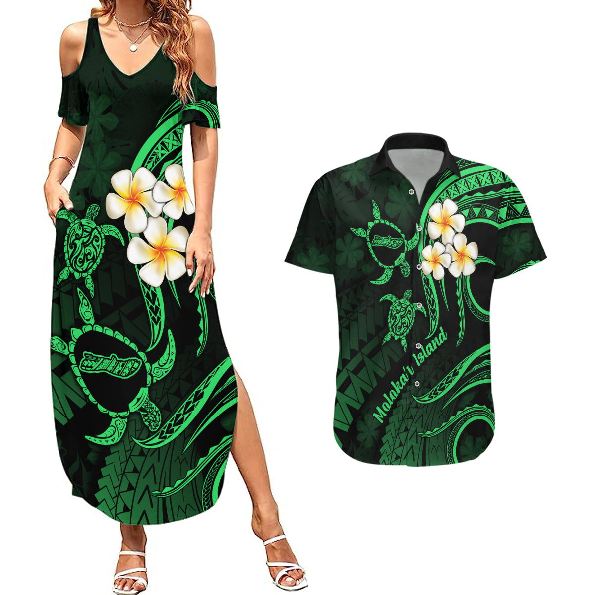 Hawaii Couples Summer Maxi Dress and Hawaiian Shirt Molokai Islands Polynesian Sunset Plumeria Green Vibe LT9 - Wonder Print Shop