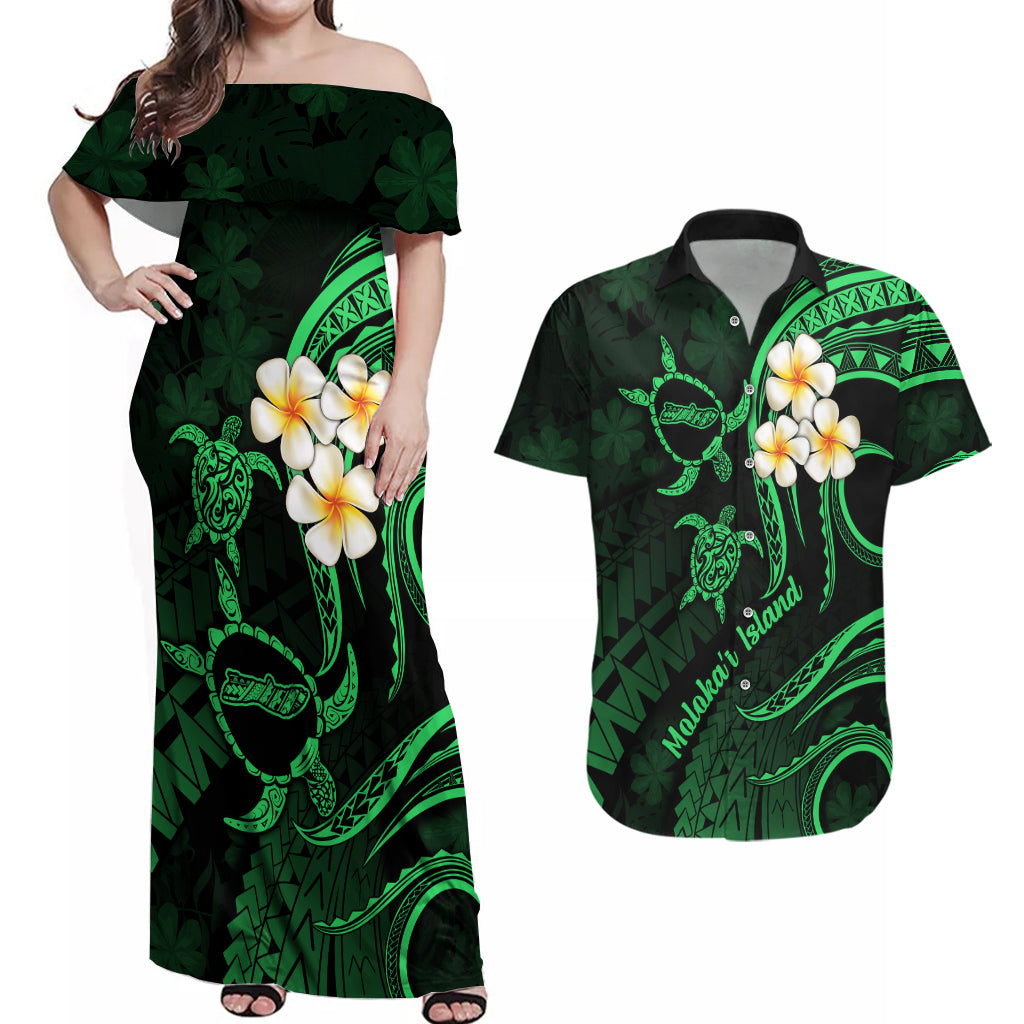 Hawaii Couples Off Shoulder Maxi Dress and Hawaiian Shirt Molokai Islands Polynesian Sunset Plumeria Green Vibe LT9 - Wonder Print Shop