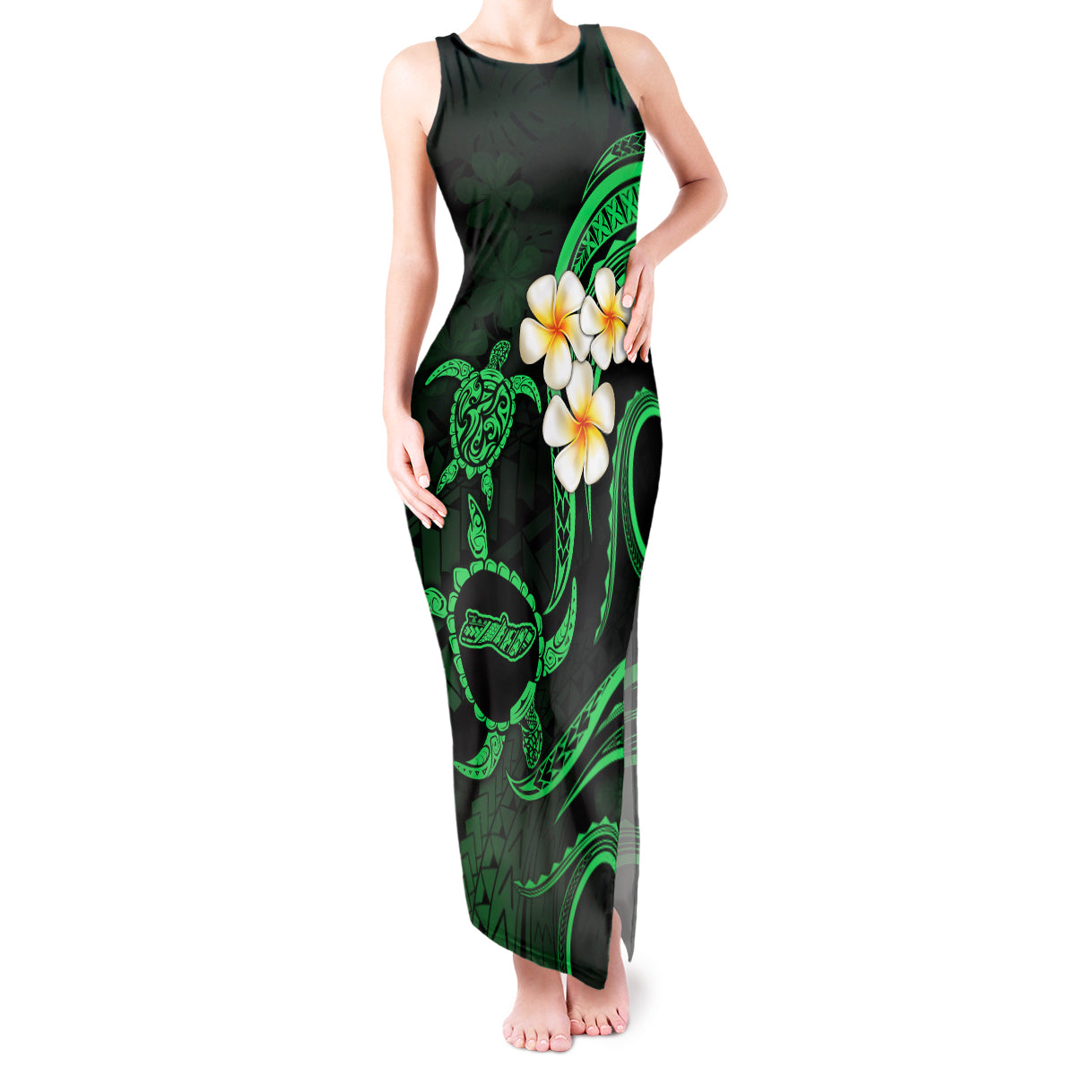 Hawaii Tank Maxi Dress Molokai Islands Polynesian Sunset Plumeria Green Vibe - Wonder Print Shop