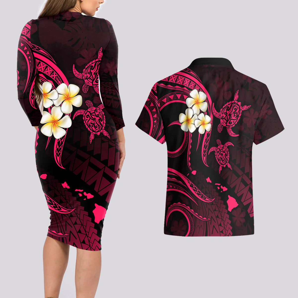 Hawaii Couples Long Sleeve Bodycon Dress and Hawaiian Shirt Molokai Islands Polynesian Sunset Plumeria Pink Vibe LT9 - Wonder Print Shop