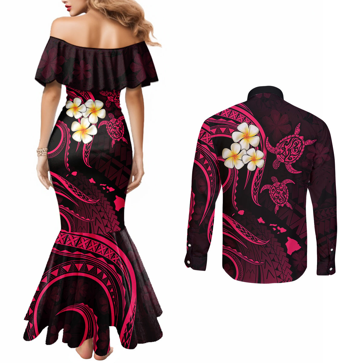 hawaii-couples-mermaid-dress-and-long-sleeve-button-shirts-molokai-islands-polynesian-sunset-plumeria-pink-vibe