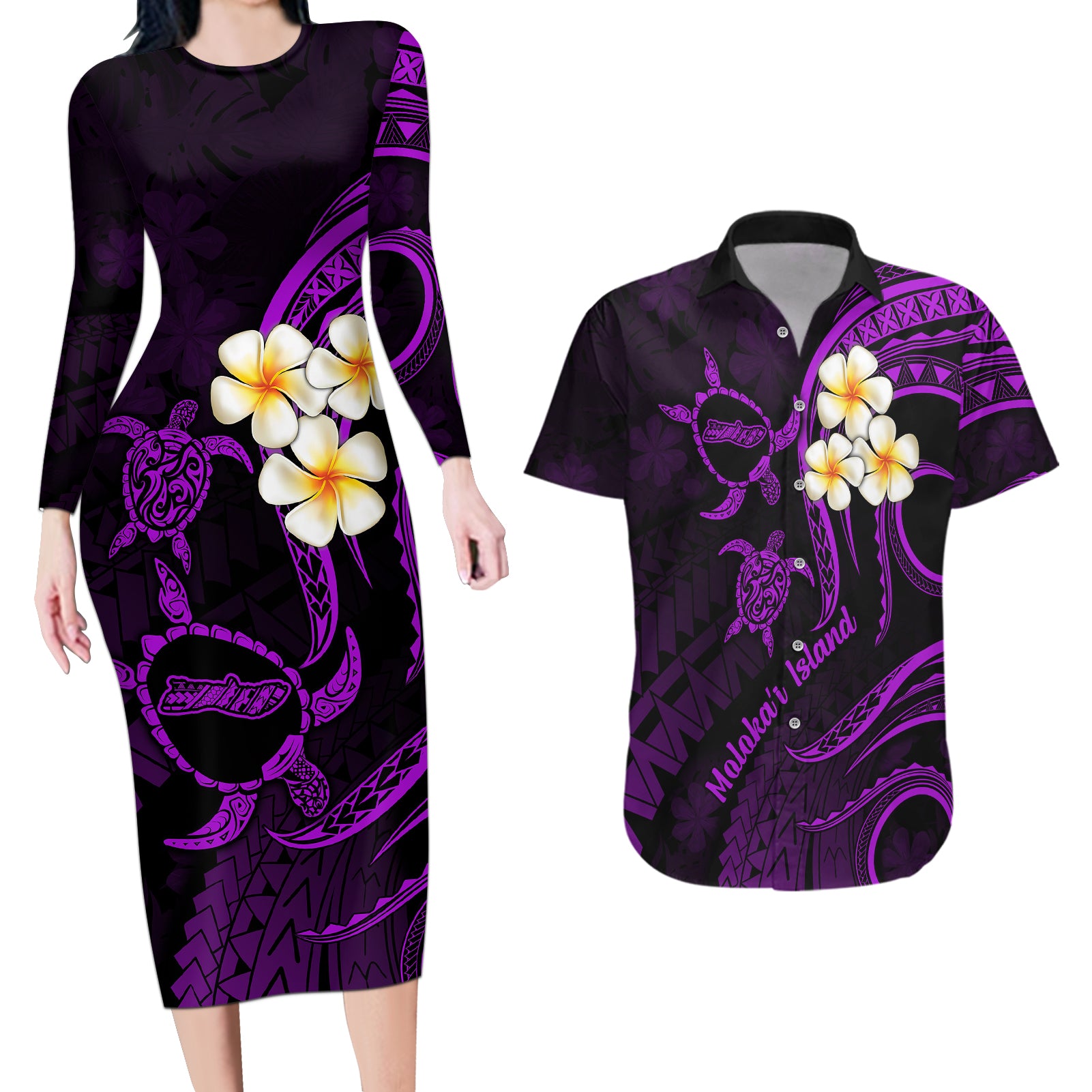 Polynesian Hawaii Couples Long Sleeve Bodycon Dress and Hawaiian Shirt Molokai Islands with Pacific Plumeria Purple Vibe LT9 - Wonder Print Shop