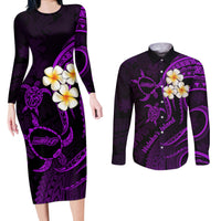 Polynesian Hawaii Couples Long Sleeve Bodycon Dress and Long Sleeve Button Shirts Molokai Islands with Pacific Plumeria Purple Vibe LT9 - Wonder Print Shop