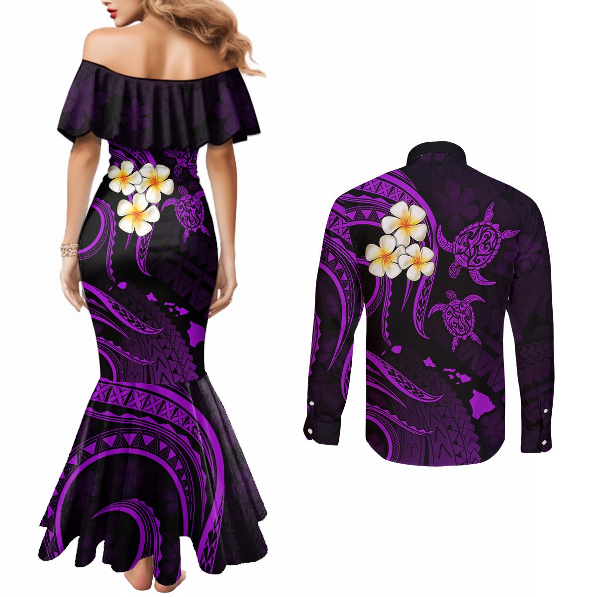 polynesian-hawaii-couples-mermaid-dress-and-long-sleeve-button-shirts-molokai-islands-with-pacific-plumeria-purple-vibe