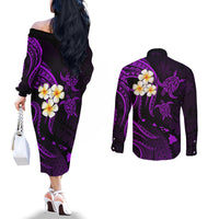 polynesian-hawaii-couples-off-the-shoulder-long-sleeve-dress-and-long-sleeve-button-shirts-molokai-islands-with-pacific-plumeria-purple-vibe