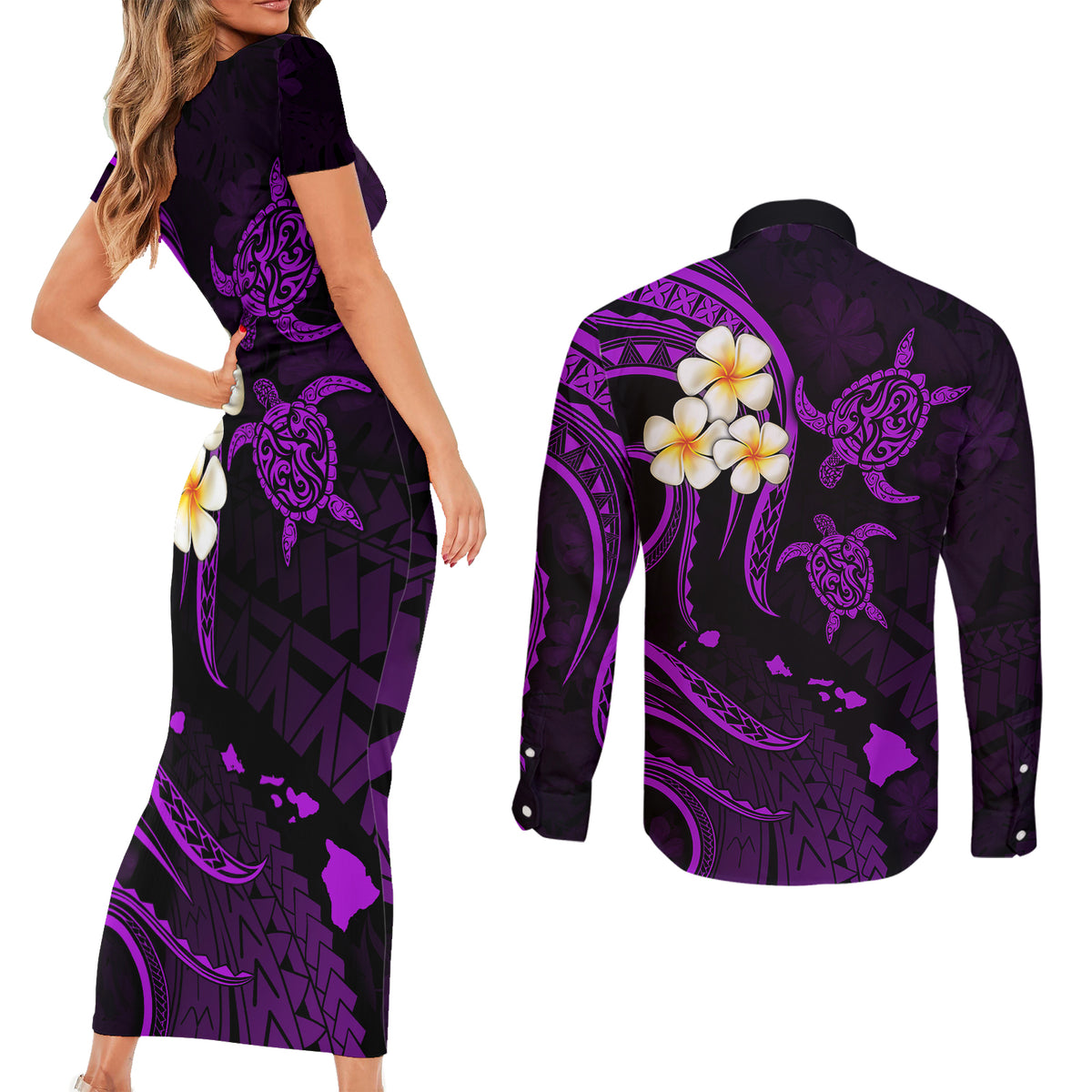 Polynesian Hawaii Couples Short Sleeve Bodycon Dress and Long Sleeve Button Shirts Molokai Islands with Pacific Plumeria Purple Vibe LT9 - Wonder Print Shop
