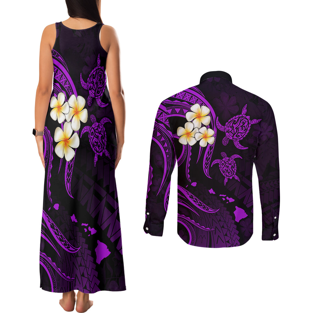 Polynesian Hawaii Couples Matching Tank Maxi Dress and Long Sleeve Button Shirts Molokai Islands with Pacific Plumeria Purple Vibe LT9 - Wonder Print Shop