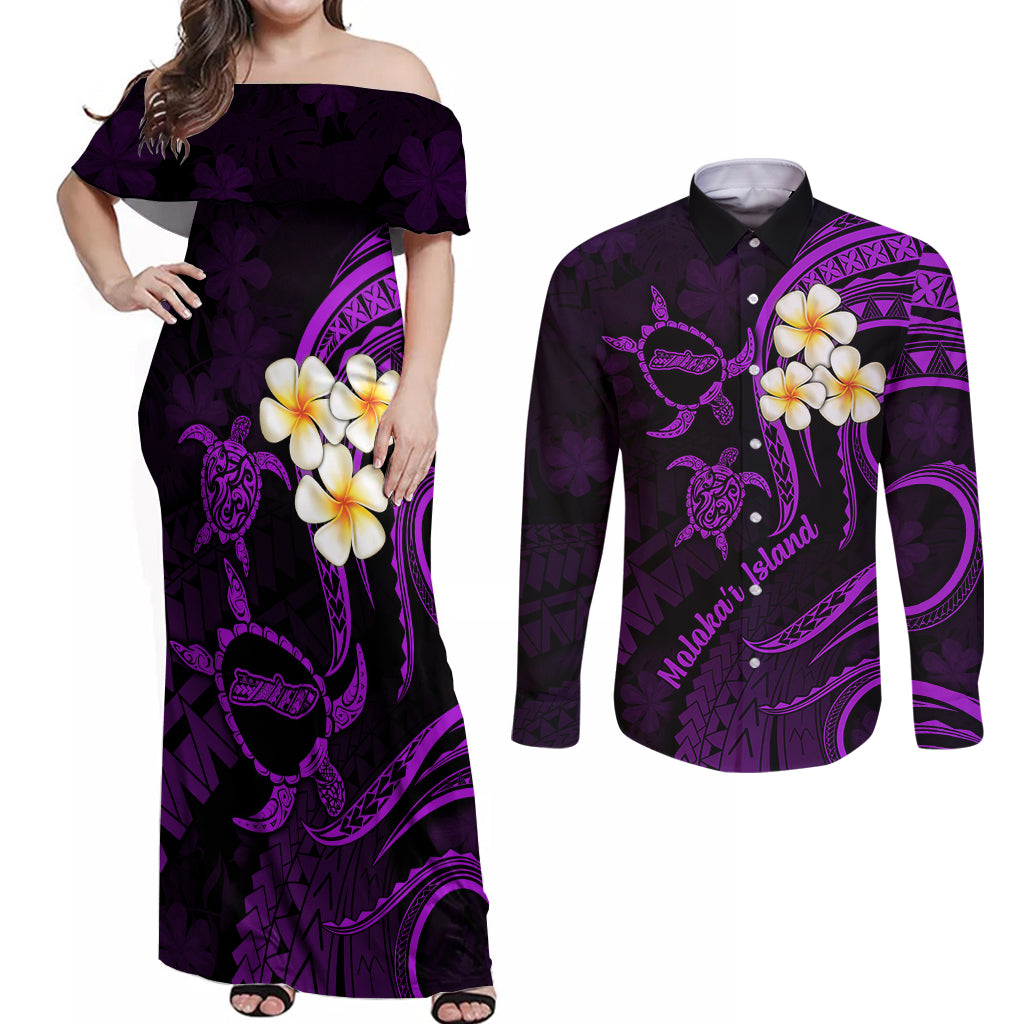 Polynesian Hawaii Couples Off Shoulder Maxi Dress and Long Sleeve Button Shirts Molokai Islands with Pacific Plumeria Purple Vibe LT9 - Wonder Print Shop