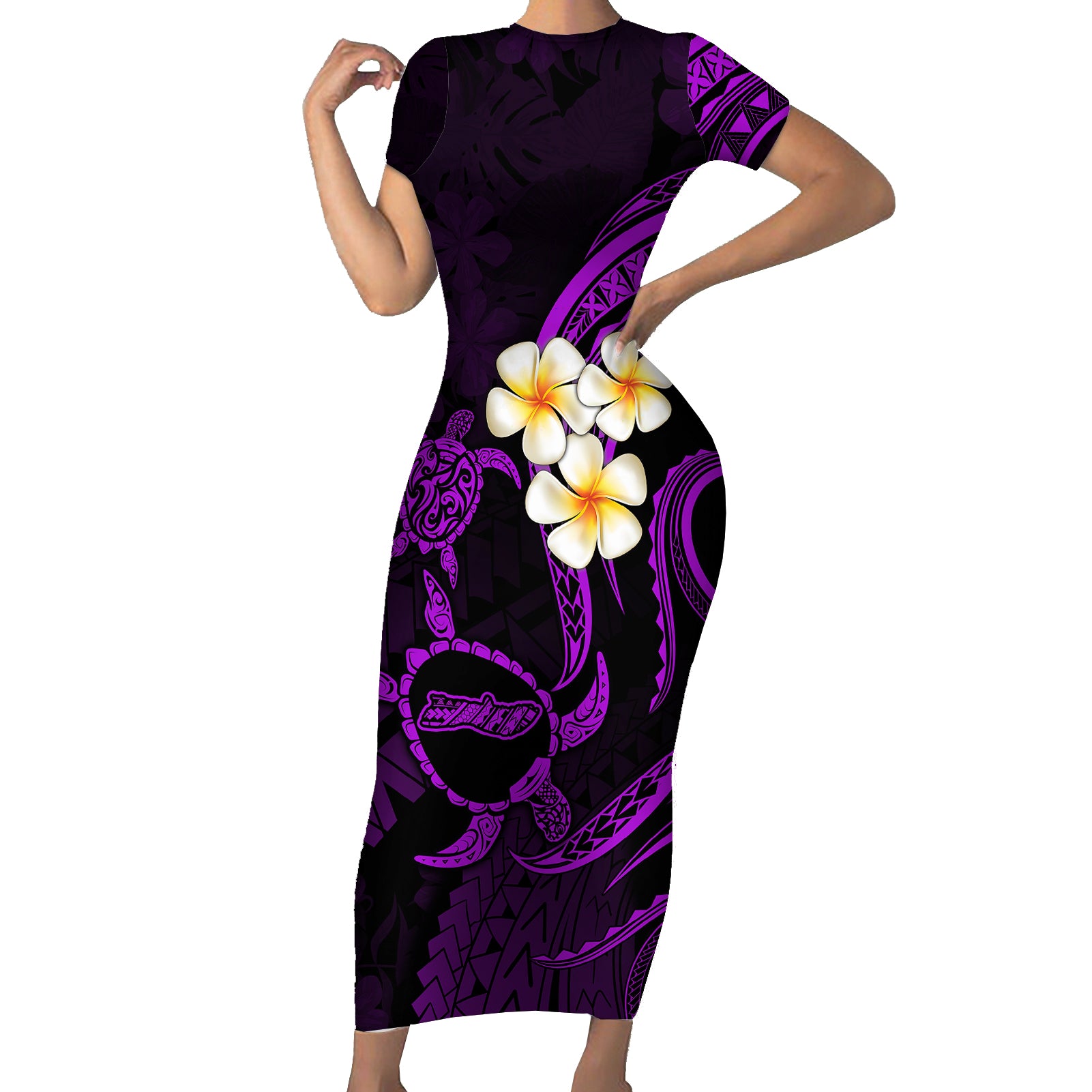Polynesian Hawaii Short Sleeve Bodycon Dress Molokai Islands with Pacific Plumeria Purple Vibe - Wonder Print Shop