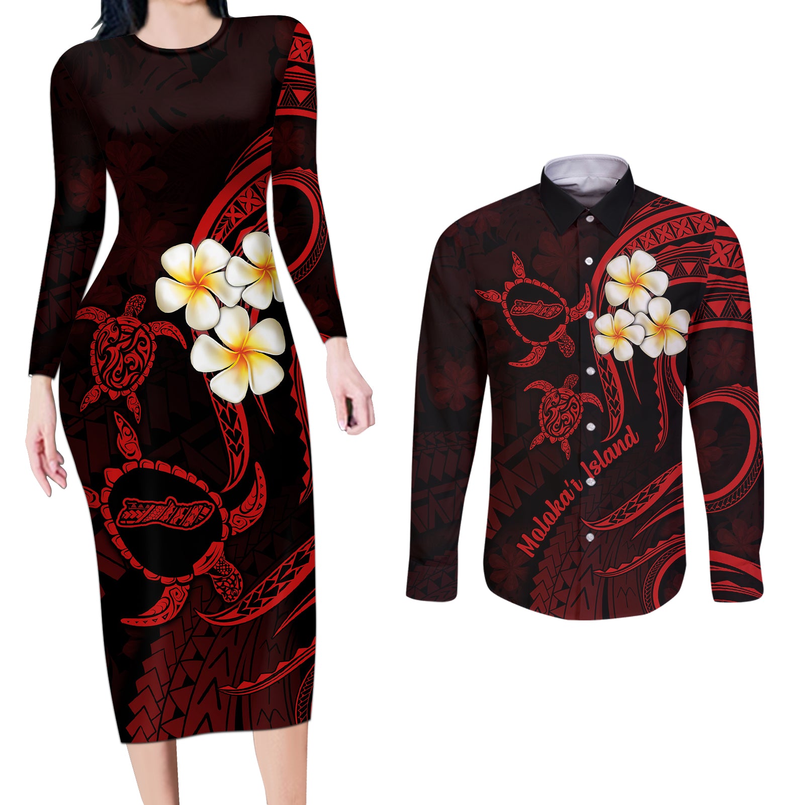 Polynesian Hawaii Couples Long Sleeve Bodycon Dress and Long Sleeve Button Shirts Molokai Islands with Pacific Plumeria Red Vibe LT9 - Wonder Print Shop