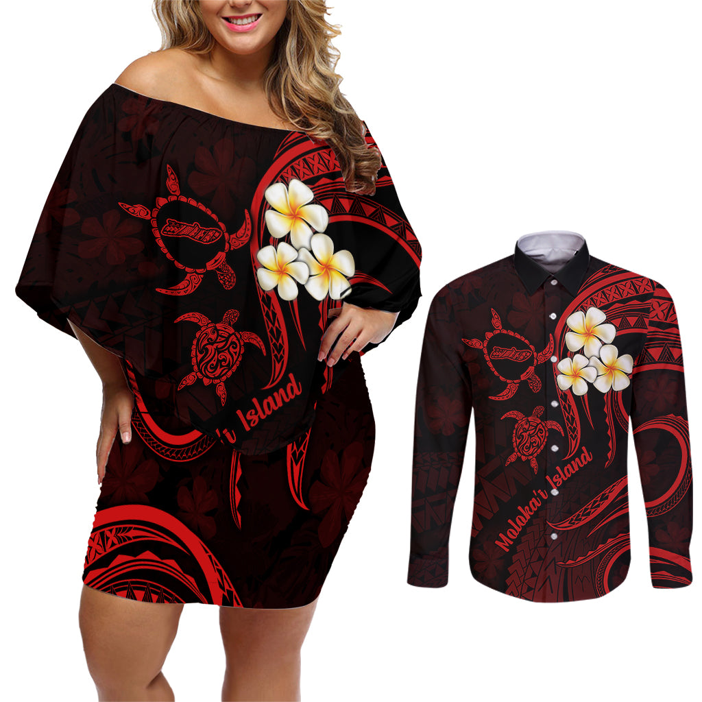 Polynesian Hawaii Couples Off Shoulder Short Dress and Long Sleeve Button Shirts Molokai Islands with Pacific Plumeria Red Vibe LT9 - Wonder Print Shop