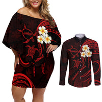 Polynesian Hawaii Couples Off Shoulder Short Dress and Long Sleeve Button Shirts Molokai Islands with Pacific Plumeria Red Vibe LT9 - Wonder Print Shop