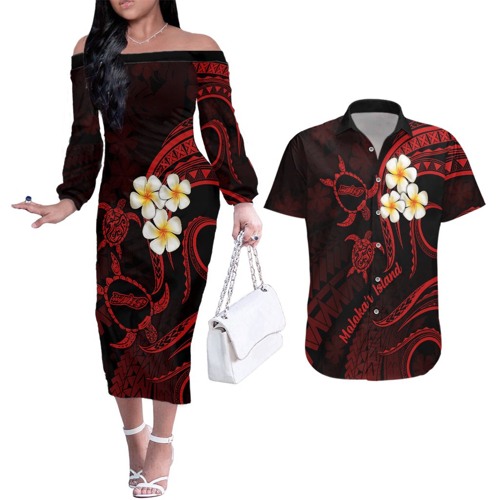 Polynesian Hawaii Couples Off The Shoulder Long Sleeve Dress and Hawaiian Shirt Molokai Islands with Pacific Plumeria Red Vibe LT9 - Wonder Print Shop