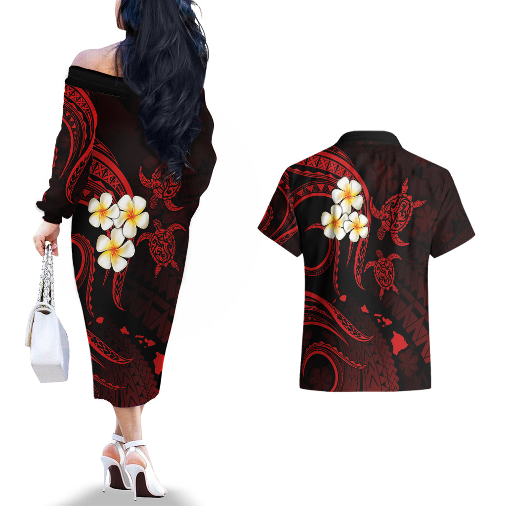 Polynesian Hawaii Couples Off The Shoulder Long Sleeve Dress and Hawaiian Shirt Molokai Islands with Pacific Plumeria Red Vibe LT9 - Wonder Print Shop