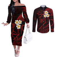 polynesian-hawaii-couples-off-the-shoulder-long-sleeve-dress-and-long-sleeve-button-shirts-molokai-islands-with-pacific-plumeria-red-vibe