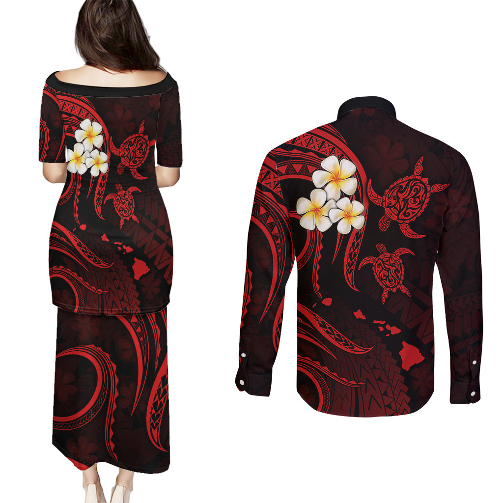 Polynesian Hawaii Couples Puletasi Dress and Long Sleeve Button Shirts Molokai Islands with Pacific Plumeria Red Vibe LT9 - Wonder Print Shop