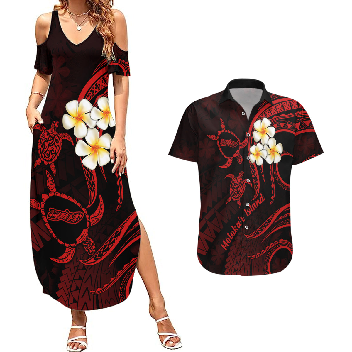 Polynesian Hawaii Couples Summer Maxi Dress and Hawaiian Shirt Molokai Islands with Pacific Plumeria Red Vibe LT9 - Wonder Print Shop