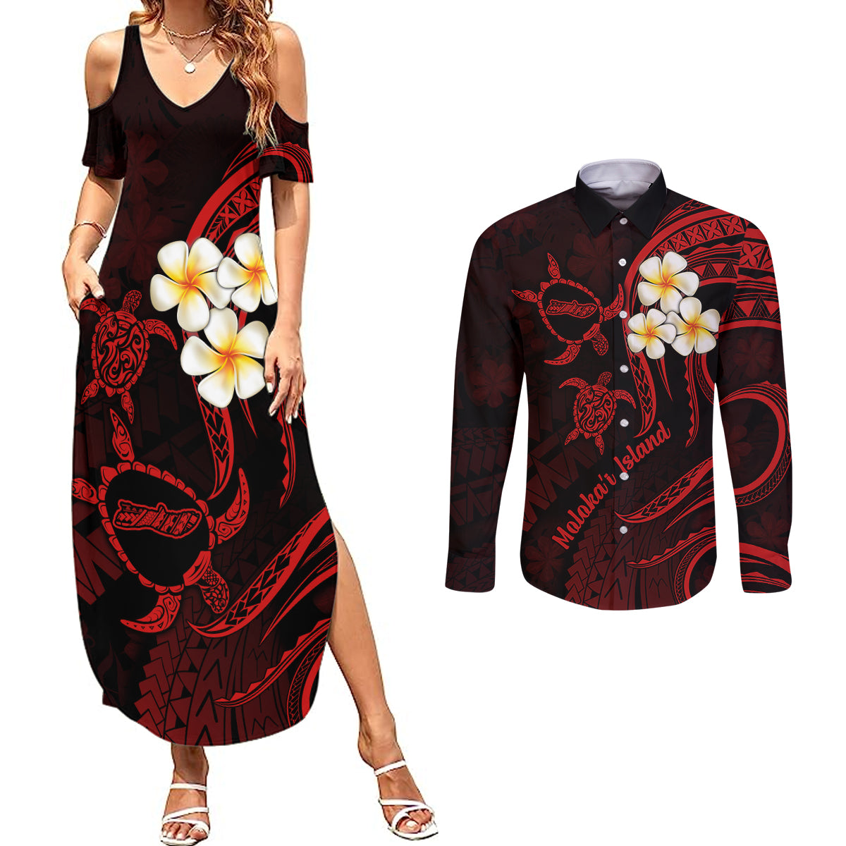 Polynesian Hawaii Couples Summer Maxi Dress and Long Sleeve Button Shirts Molokai Islands with Pacific Plumeria Red Vibe LT9 - Wonder Print Shop