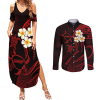 Polynesian Hawaii Couples Summer Maxi Dress and Long Sleeve Button Shirts Molokai Islands with Pacific Plumeria Red Vibe LT9 - Wonder Print Shop