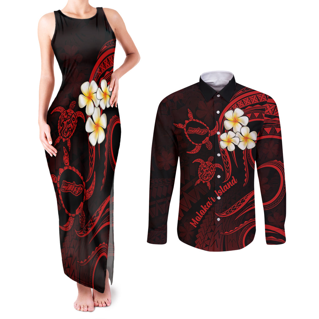 Polynesian Hawaii Couples Matching Tank Maxi Dress and Long Sleeve Button Shirts Molokai Islands with Pacific Plumeria Red Vibe LT9 - Wonder Print Shop