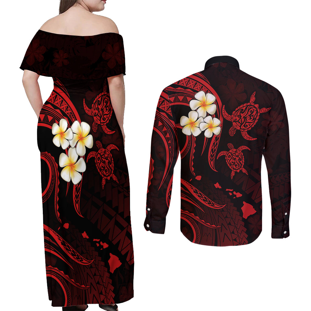 Polynesian Hawaii Couples Off Shoulder Maxi Dress and Long Sleeve Button Shirts Molokai Islands with Pacific Plumeria Red Vibe LT9 - Wonder Print Shop