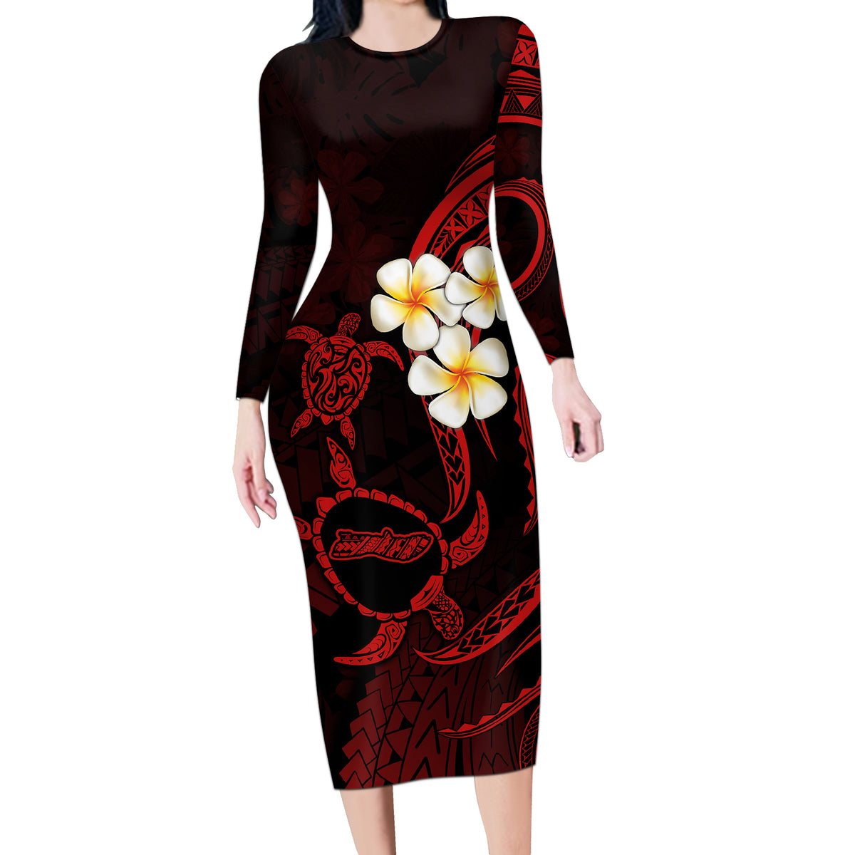 Polynesian Hawaii Long Sleeve Bodycon Dress Molokai Islands with Pacific Plumeria Red Vibe - Wonder Print Shop