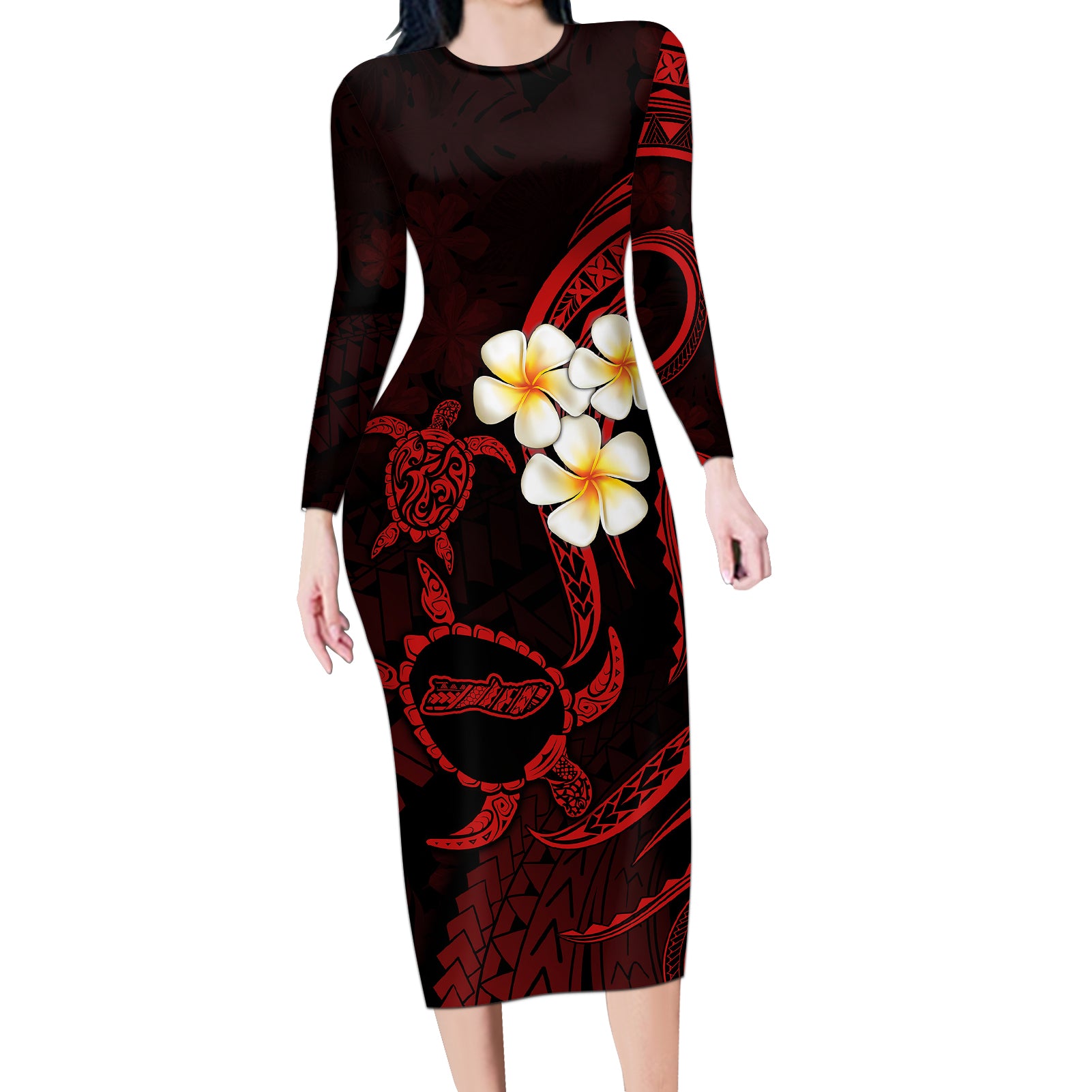 Polynesian Hawaii Long Sleeve Bodycon Dress Molokai Islands with Pacific Plumeria Red Vibe - Wonder Print Shop