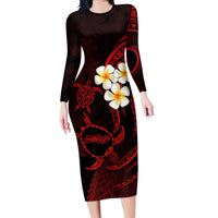 Polynesian Hawaii Long Sleeve Bodycon Dress Molokai Islands with Pacific Plumeria Red Vibe - Wonder Print Shop