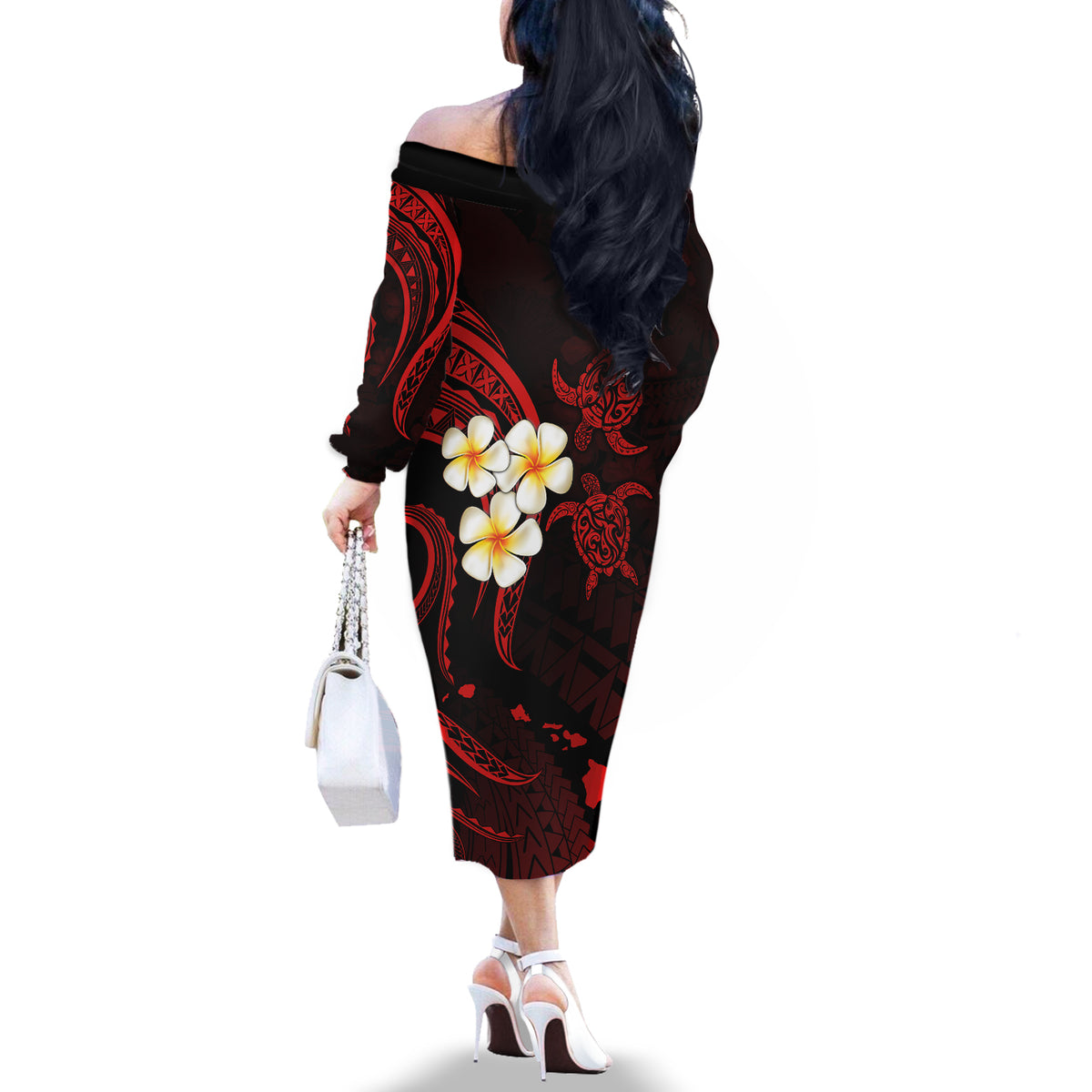 Polynesian Hawaii Off The Shoulder Long Sleeve Dress Molokai Islands with Pacific Plumeria Red Vibe - Wonder Print Shop