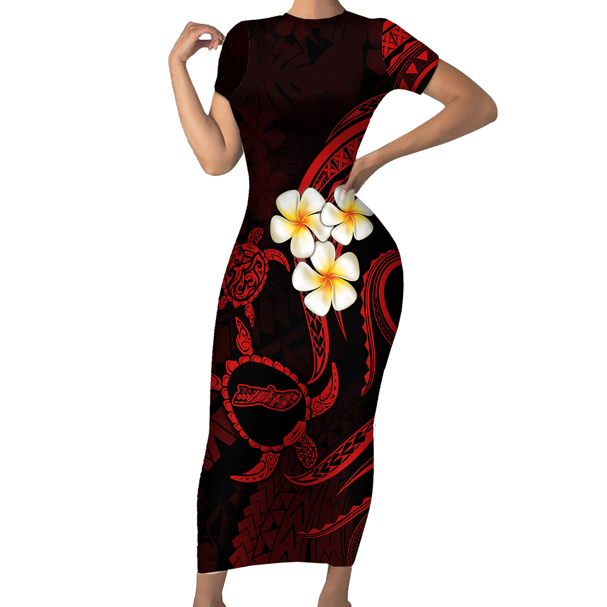 Polynesian Hawaii Short Sleeve Bodycon Dress Molokai Islands with Pacific Plumeria Red Vibe - Wonder Print Shop