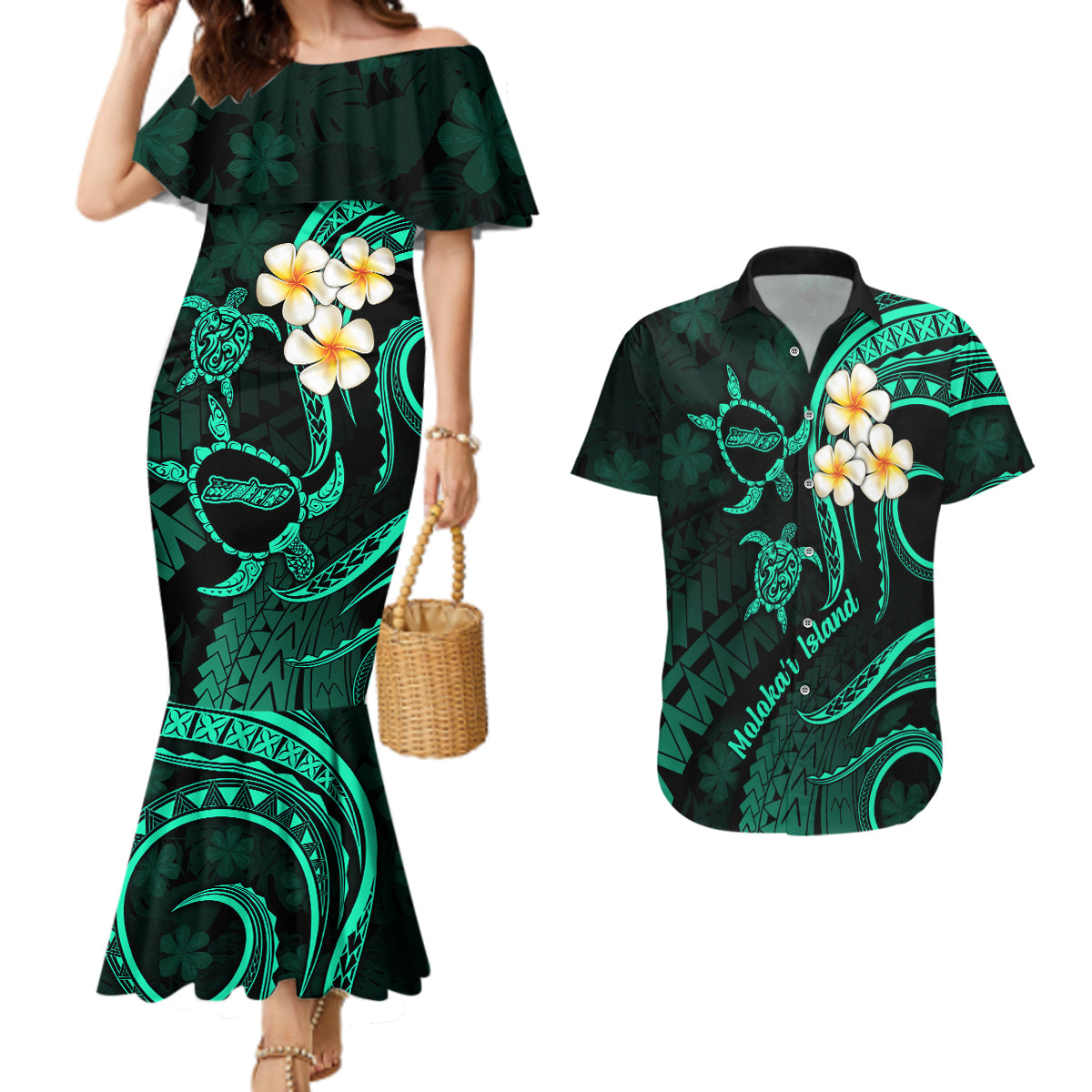 Polynesian Hawaii Couples Mermaid Dress And Hawaiian Shirt Molokai Islands with Pacific Plumeria Turquoise Vibe LT9 - Wonder Print Shop