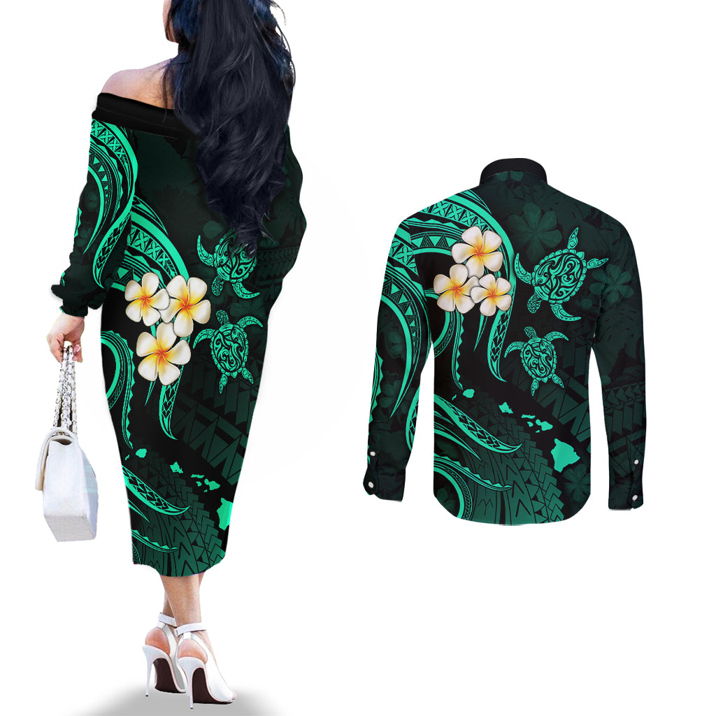 polynesian-hawaii-couples-off-the-shoulder-long-sleeve-dress-and-long-sleeve-button-shirts-molokai-islands-with-pacific-plumeria-turquoise-vibe