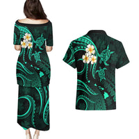 Polynesian Hawaii Couples Puletasi Dress and Hawaiian Shirt Molokai Islands with Pacific Plumeria Turquoise Vibe LT9 - Wonder Print Shop