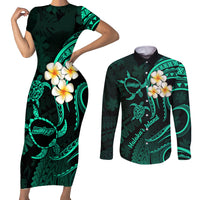 Polynesian Hawaii Couples Short Sleeve Bodycon Dress and Long Sleeve Button Shirts Molokai Islands with Pacific Plumeria Turquoise Vibe LT9 - Wonder Print Shop