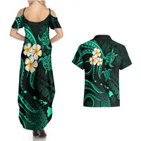 Polynesian Hawaii Couples Summer Maxi Dress and Hawaiian Shirt Molokai Islands with Pacific Plumeria Turquoise Vibe LT9 - Wonder Print Shop